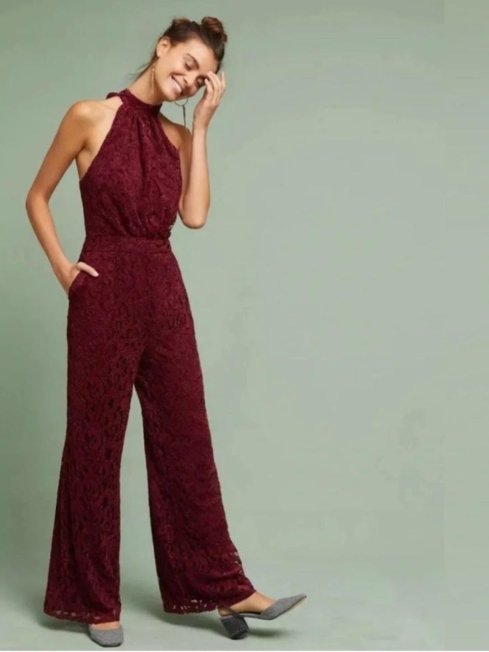 Anthropologie Wine Lace Halter Jumpsuit